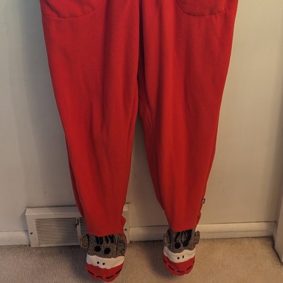 Red Fleece Sock Monkey Footed Onesie pajamas - Picture 3 of 4